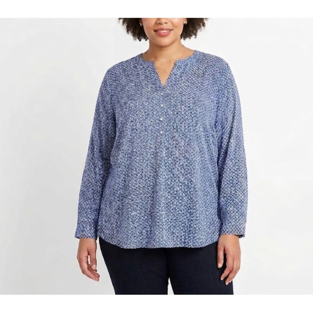 New Grand & Greene Top XL Blue White Ultra Soft Geometric Popover Preppy Office